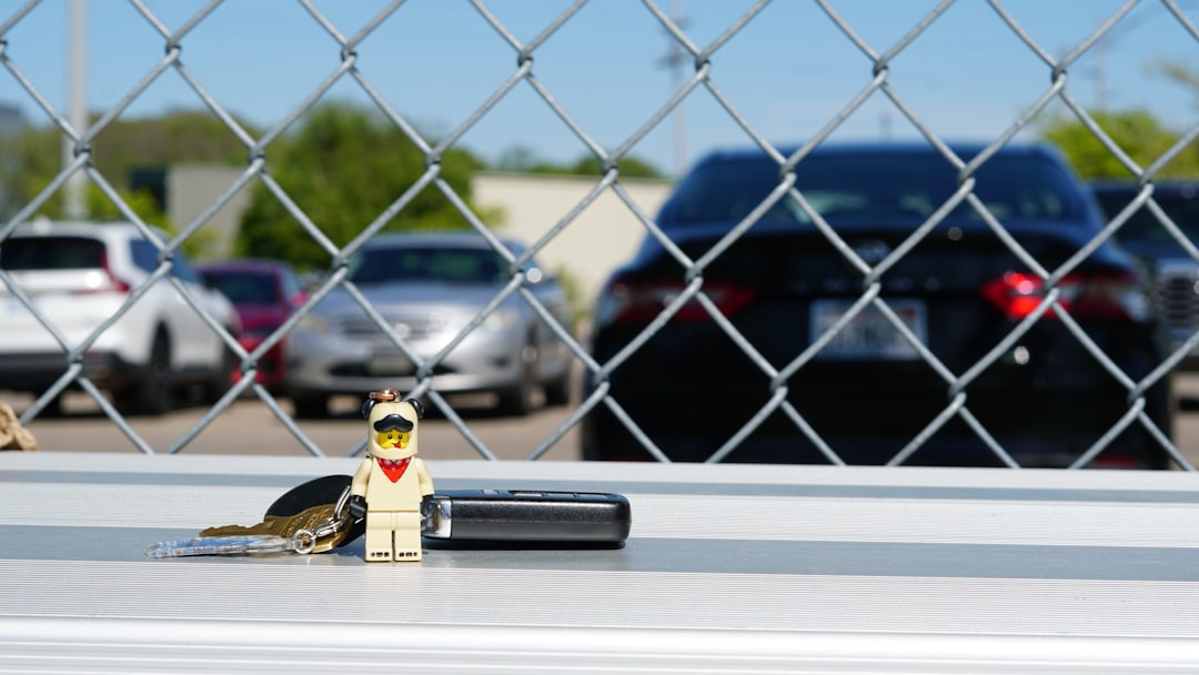 Lego chewbacca figure, keys, and remote through chain-link fence